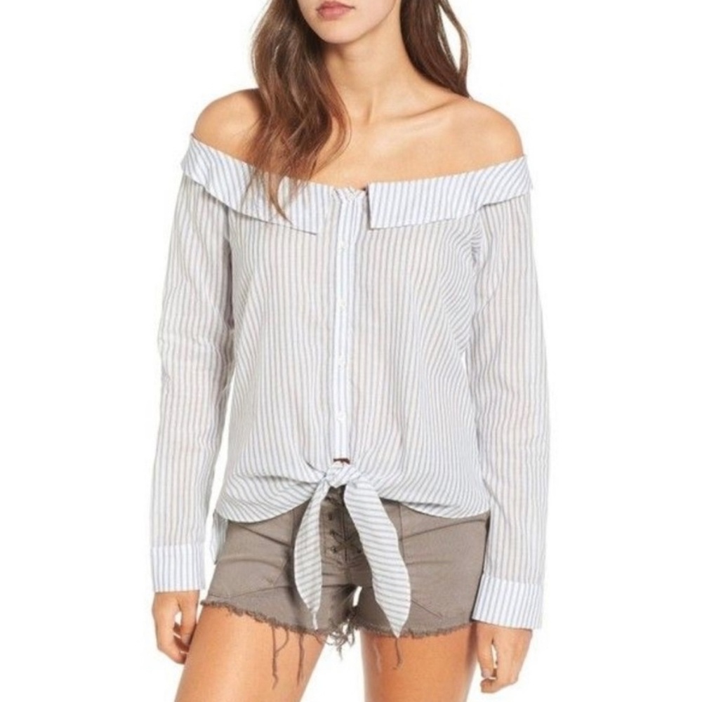 Leith Long Sleeve White Striped Off The Shoulder Tie Front Cotton Blouse X-Small